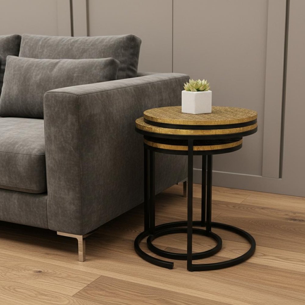 Set Of Three 19" Black And Brass Round Nested Tables HomeRoots