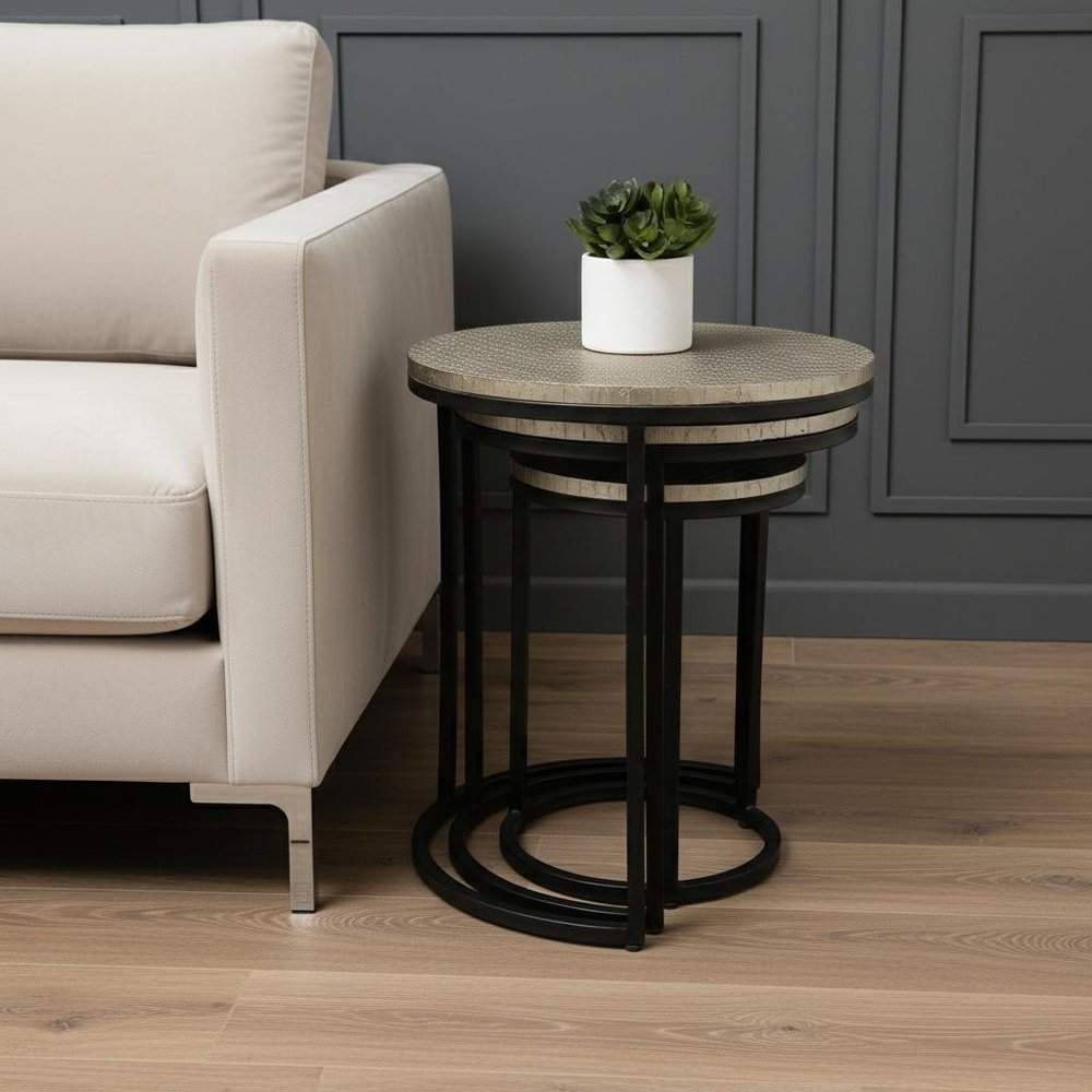 Set Of Three 19" Black And Silver Round Nested Tables HomeRoots