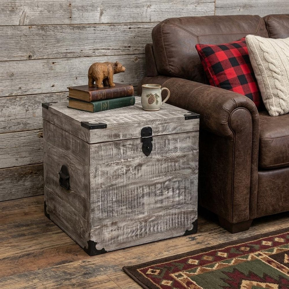 20" Gray Distressed Solid Wood Square Trunk Storage End Table HomeRoots
