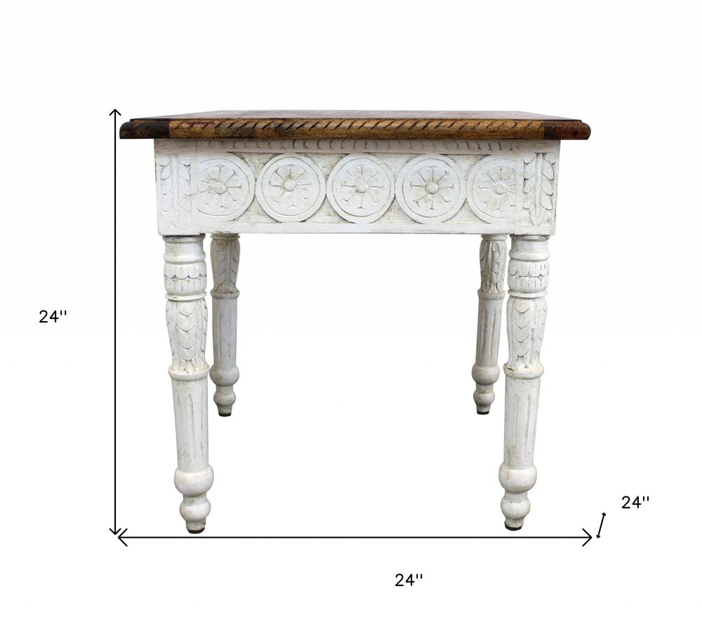 24" Ivory And Brown Distressed Solid Wood Square End Table HomeRoots