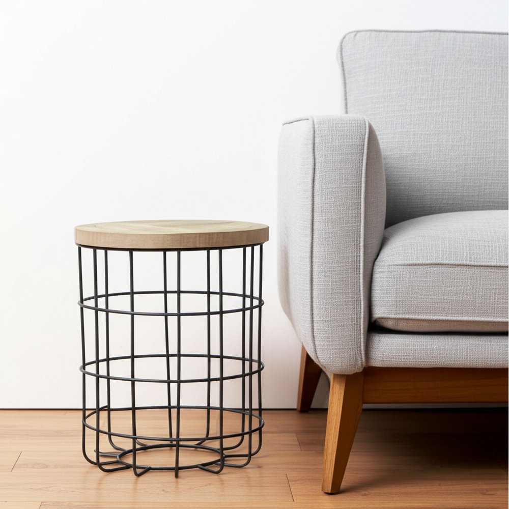 24" Natural and Black Solid Wood and Iron Round Frame End Table HomeRoots