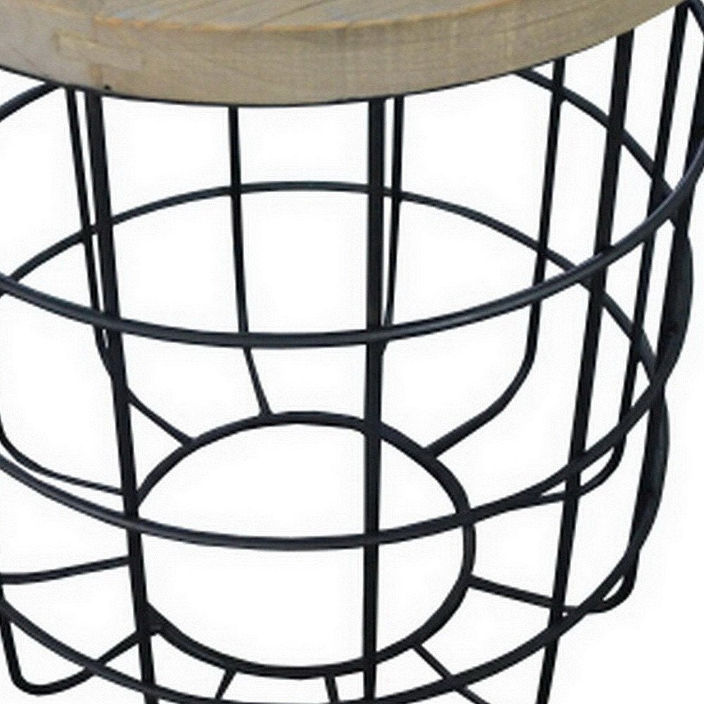 24" Natural and Black Solid Wood and Iron Round Frame End Table HomeRoots