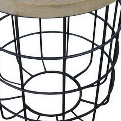 24" Natural and Black Solid Wood and Iron Round Frame End Table HomeRoots