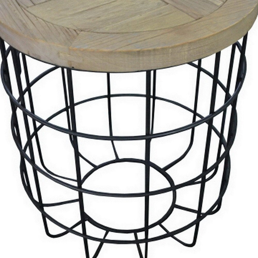 24" Natural and Black Solid Wood and Iron Round Frame End Table HomeRoots