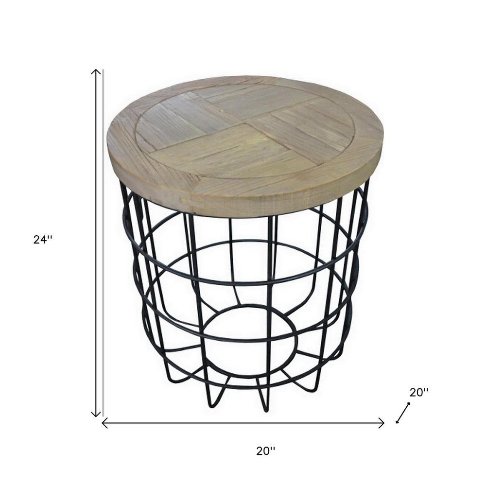 24" Natural and Black Solid Wood and Iron Round Frame End Table HomeRoots