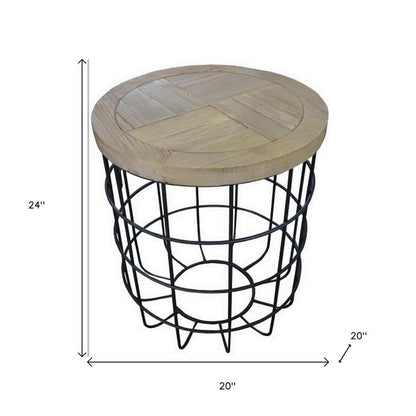 24" Natural and Black Solid Wood and Iron Round Frame End Table HomeRoots