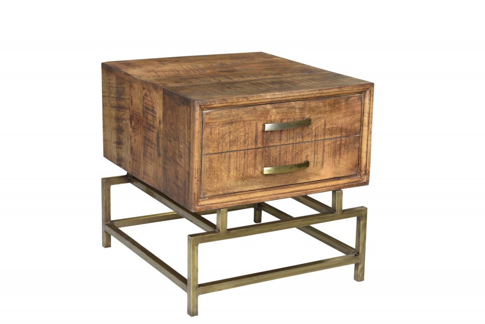 21" Brass And Brown Solid Wood And Iron Square End Table With Drawer — view 1