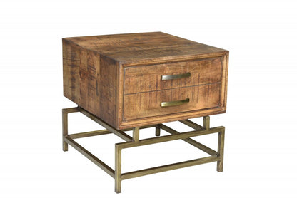21" Brass And Brown Solid Wood And Iron Square End Table With Drawer HomeRoots