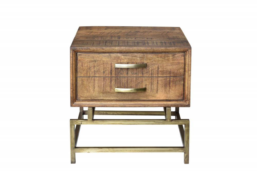 21" Brass And Brown Solid Wood And Iron Square End Table With Drawer — view 2