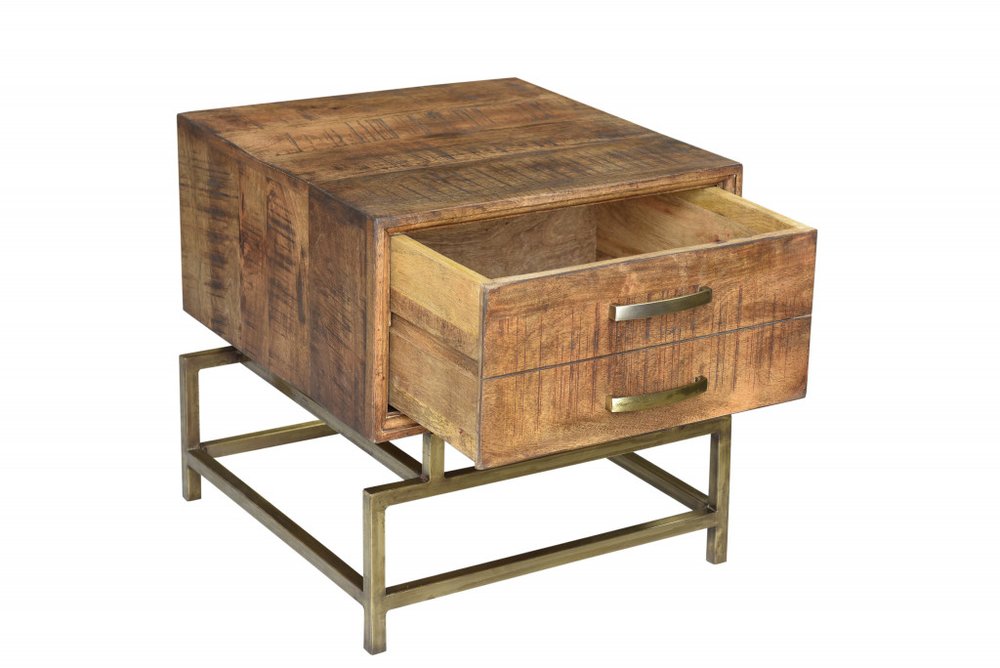 21" Brass And Brown Solid Wood And Iron Square End Table With Drawer HomeRoots