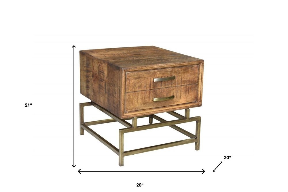 21" Brass And Brown Solid Wood And Iron Square End Table With Drawer HomeRoots