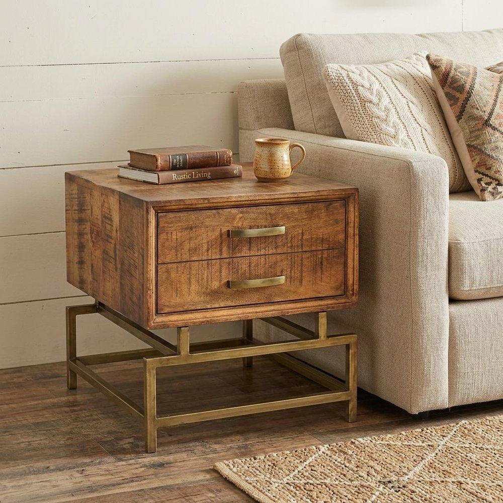 21" Brass And Brown Solid Wood And Iron Square End Table With Drawer HomeRoots