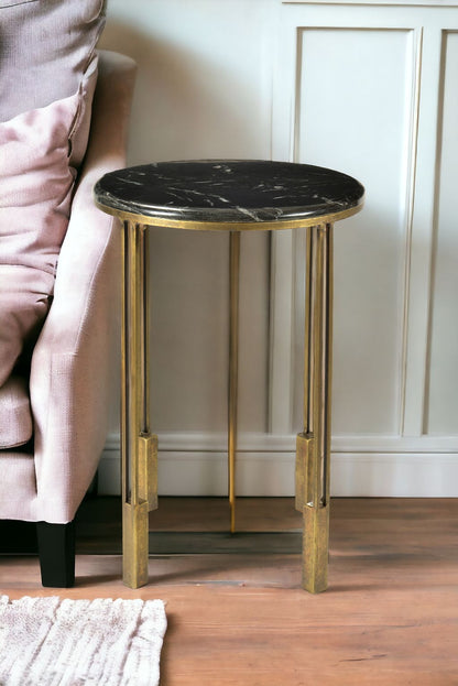 23" Gold And Black Marble And Iron Round End Table