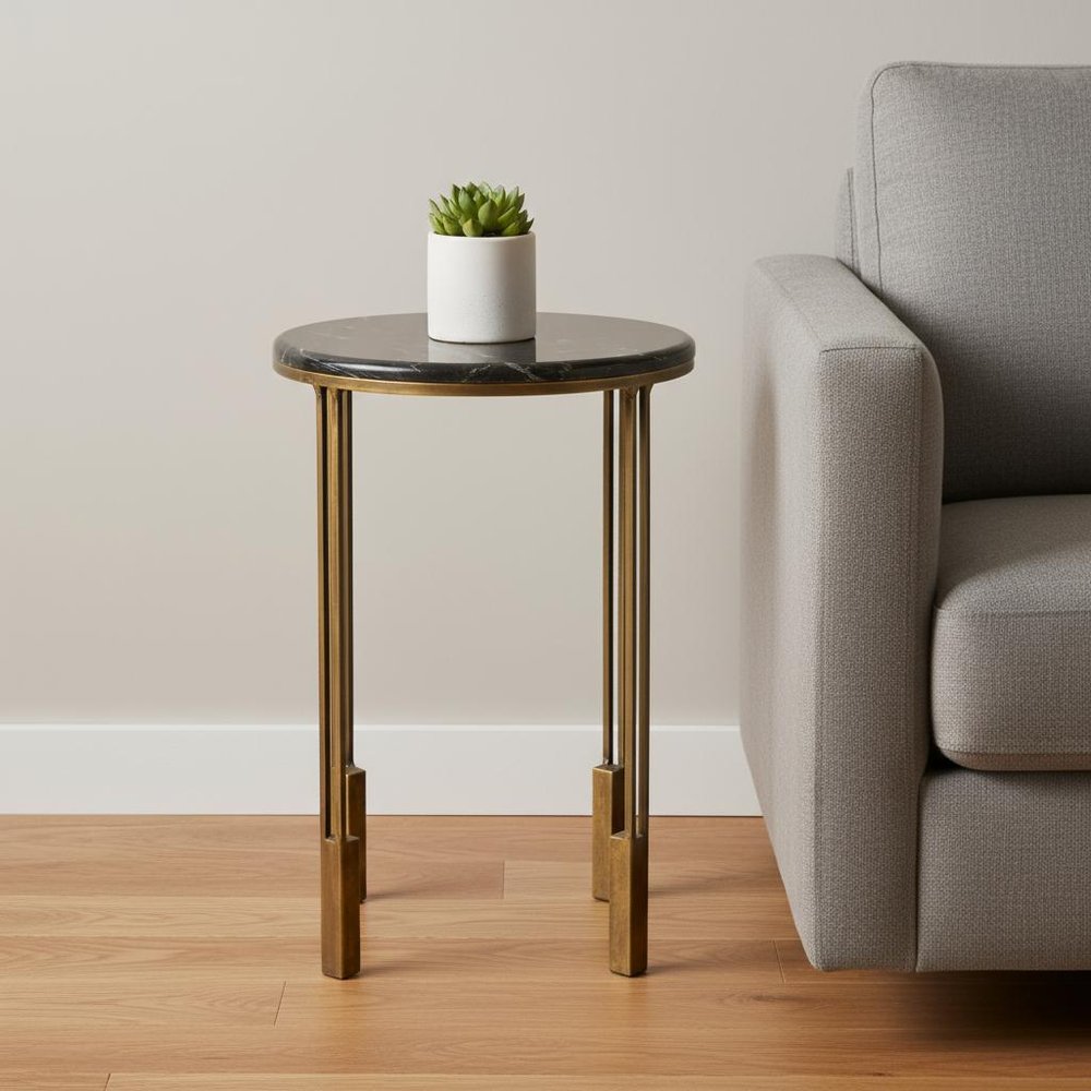 23" Gold And Black Marble And Iron Round End Table HomeRoots