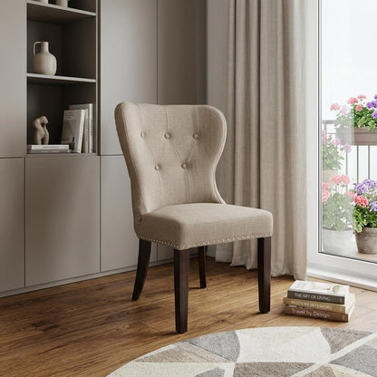 32" Taupe And Dark Brown Linen Tufted Side Chair HomeRoots