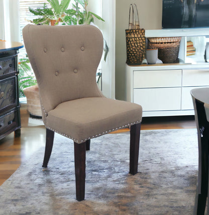 32" Taupe And Dark Brown Linen Tufted Side Chair