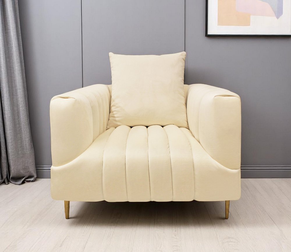 37" Ivory Velvet And Gold Solid Color Lounge Chair HomeRoots