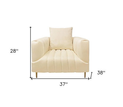 37" Ivory Velvet And Gold Solid Color Lounge Chair HomeRoots