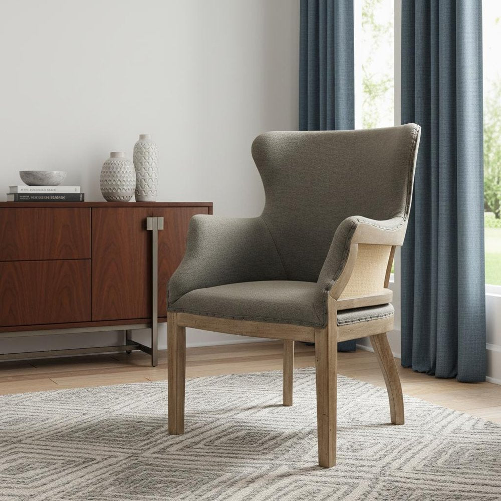 25" Gray Linen And Natural Solid Color Arm Chair HomeRoots