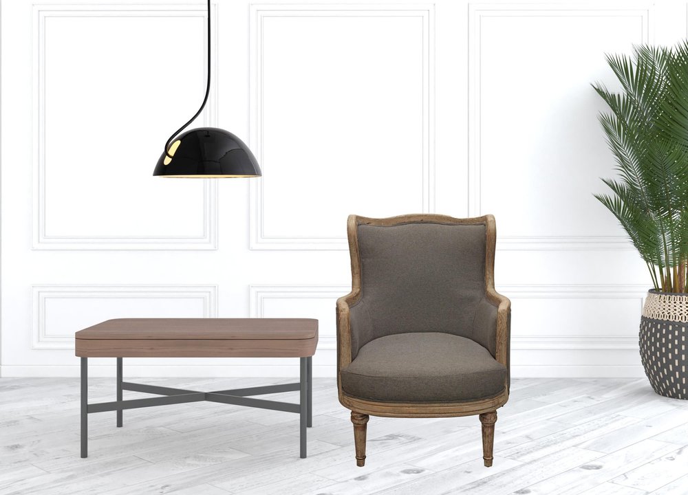 26" Gray Linen And Natural Solid Color Arm Chair HomeRoots