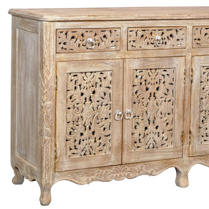 66" Light Brown Solid Wood Four Drawer Buffet Table with Four Doors HomeRoots