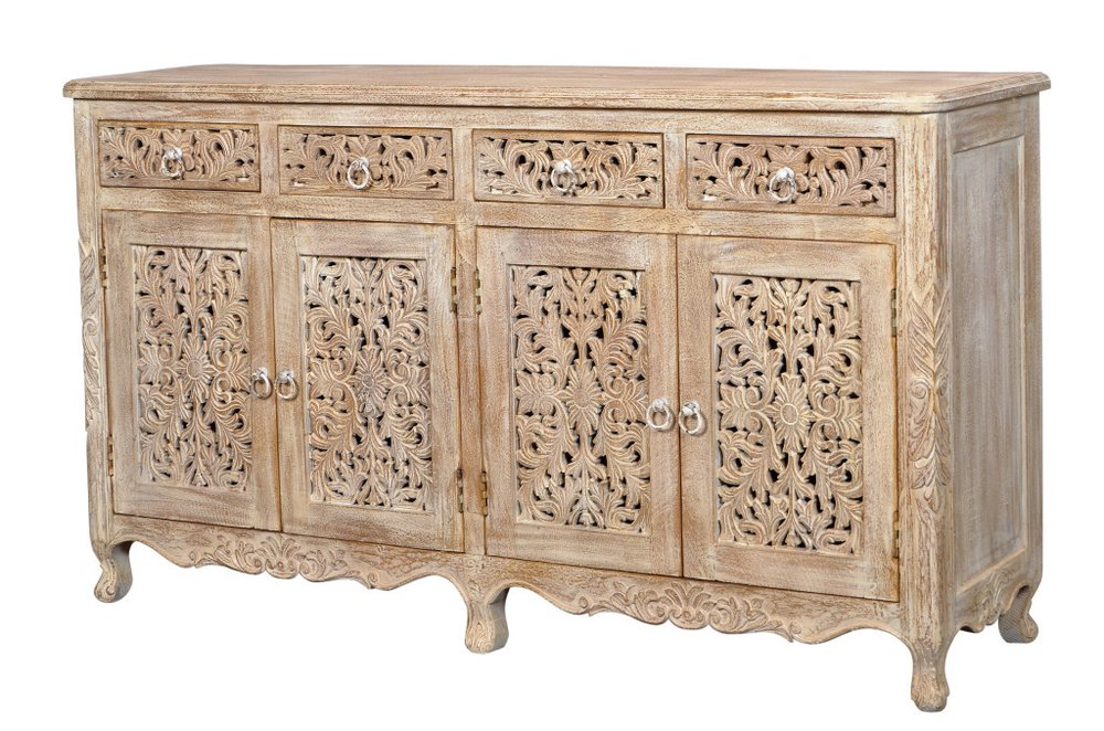 66" Light Brown Solid Wood Four Drawer Buffet Table with Four Doors HomeRoots