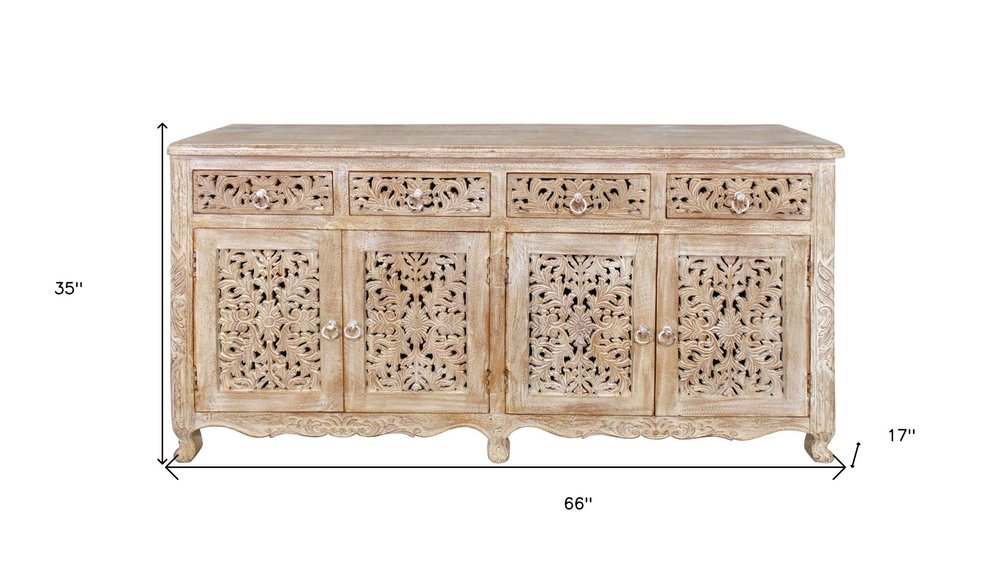 66" Light Brown Solid Wood Four Drawer Buffet Table with Four Doors HomeRoots