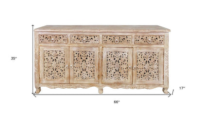 66" Light Brown Solid Wood Four Drawer Buffet Table with Four Doors HomeRoots