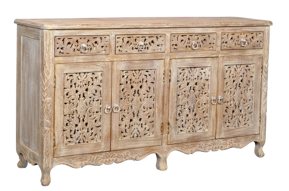 66" Light Brown Solid Wood Four Drawer Buffet Table with Four Doors HomeRoots