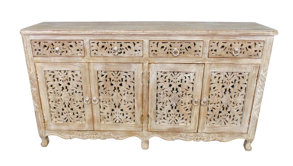 66" Light Brown Solid Wood Four Drawer Buffet Table with Four Doors HomeRoots