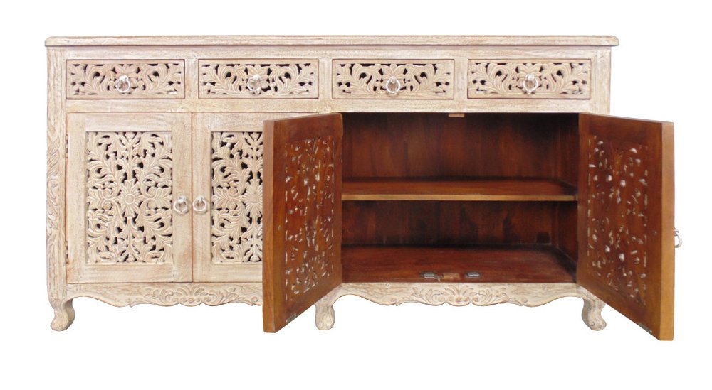 66" Light Brown Solid Wood Four Drawer Buffet Table with Four Doors HomeRoots