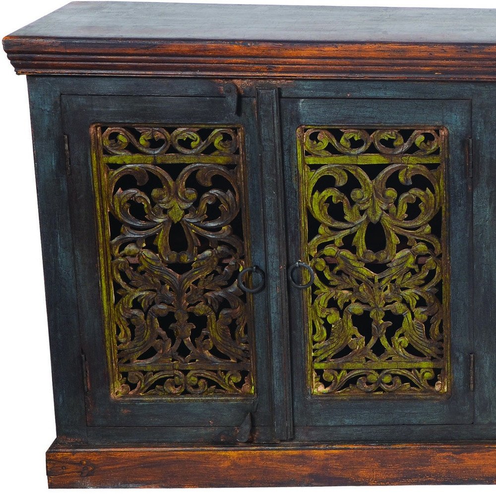 91" Brown Gray and Green Solid Wood Buffet Table with Two Doors HomeRoots