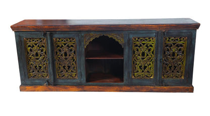 91" Brown Gray and Green Solid Wood Buffet Table with Two Doors HomeRoots