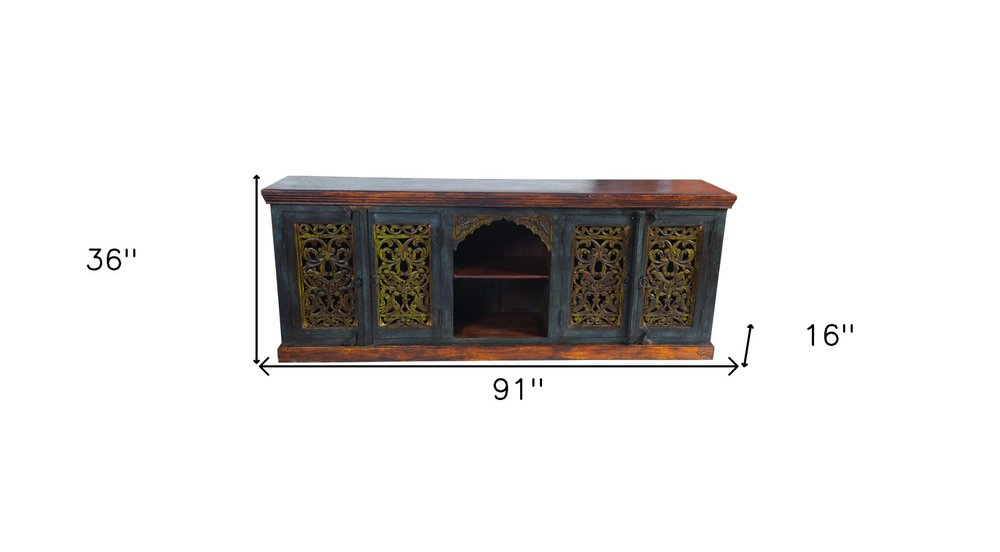 91" Brown Gray and Green Solid Wood Buffet Table with Two Doors HomeRoots