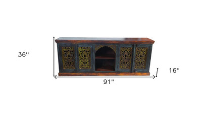 91" Brown Gray and Green Solid Wood Buffet Table with Two Doors HomeRoots