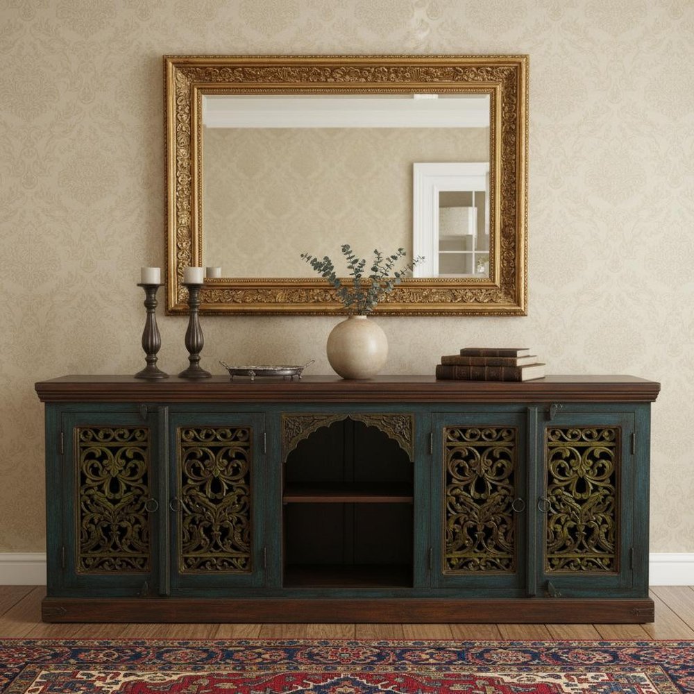 91" Brown Gray and Green Solid Wood Buffet Table with Two Doors HomeRoots