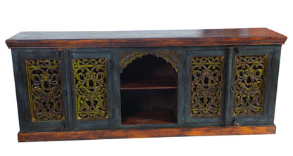 91" Brown Gray and Green Solid Wood Buffet Table with Two Doors HomeRoots