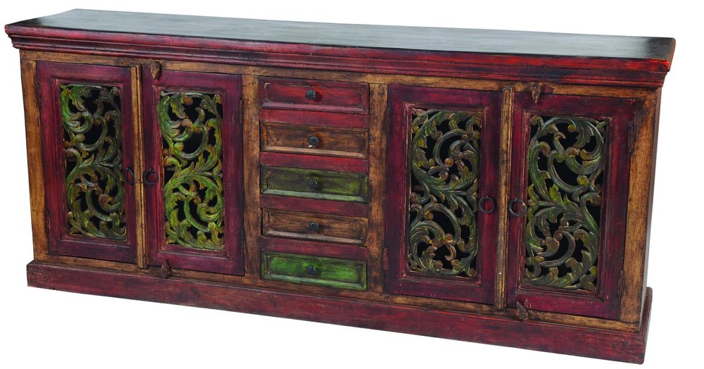 84" Brown Gray and Green Solid Wood Five Drawer Buffet Table with Four Doors HomeRoots