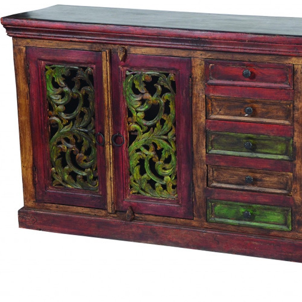 84" Brown Gray and Green Solid Wood Five Drawer Buffet Table with Four Doors HomeRoots