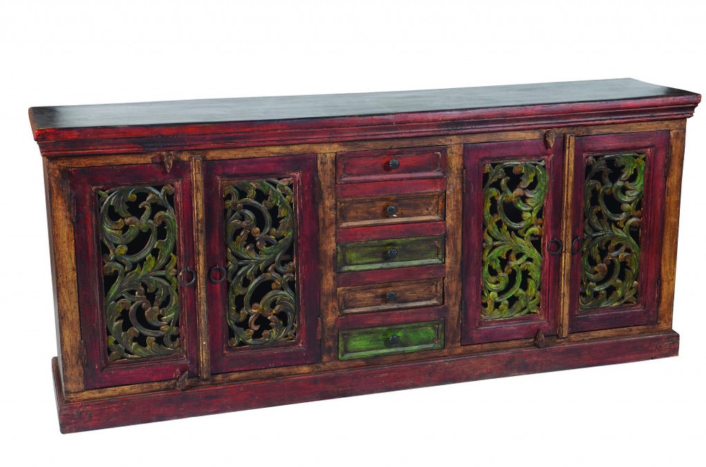 84" Brown Gray and Green Solid Wood Five Drawer Buffet Table with Four Doors HomeRoots