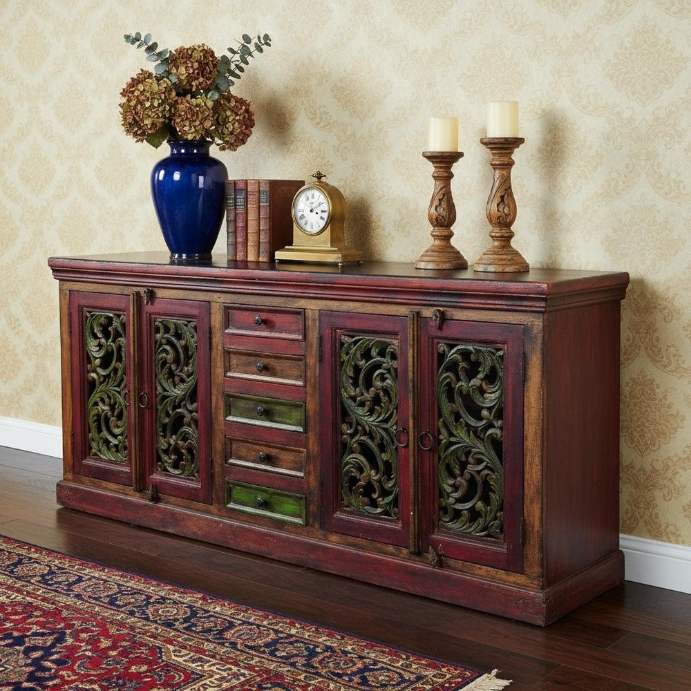 84" Brown Gray and Green Solid Wood Five Drawer Buffet Table with Four Doors HomeRoots