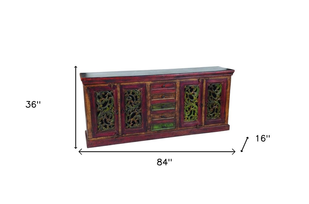 84" Brown Gray and Green Solid Wood Five Drawer Buffet Table with Four Doors HomeRoots