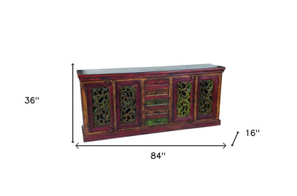 84" Brown Gray and Green Solid Wood Five Drawer Buffet Table with Four Doors HomeRoots