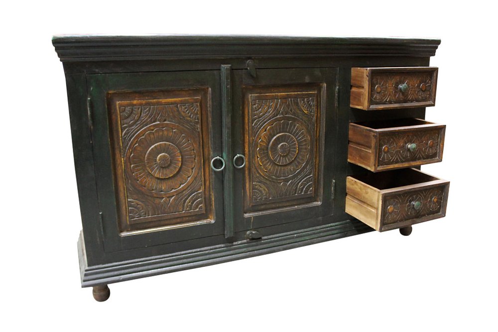 60" Dark Brown and Green Solid Wood Three Drawer Buffet Table with Two Doors HomeRoots