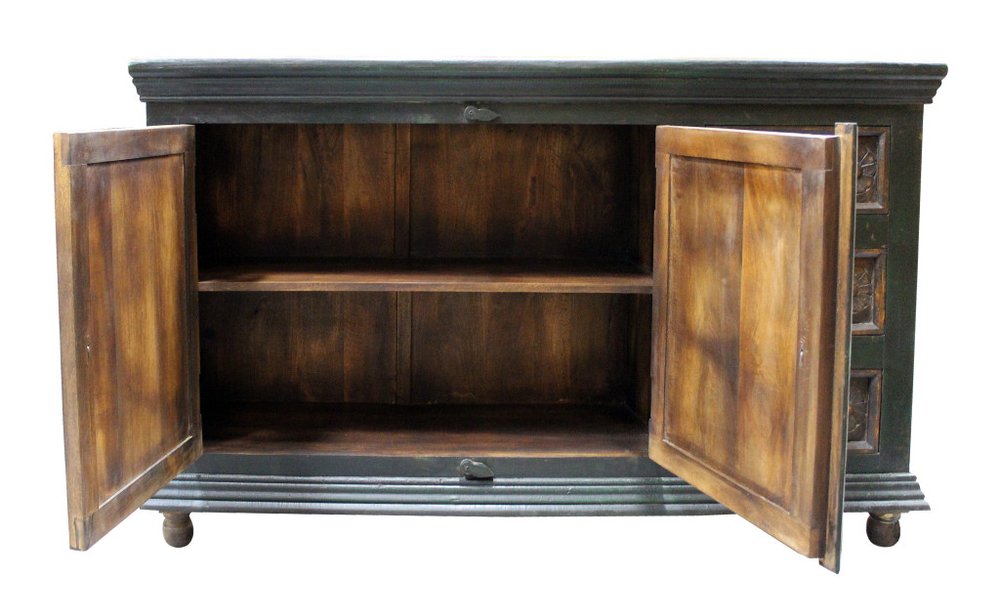 60" Dark Brown and Green Solid Wood Three Drawer Buffet Table with Two Doors HomeRoots