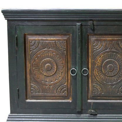 60" Dark Brown and Green Solid Wood Three Drawer Buffet Table with Two Doors HomeRoots