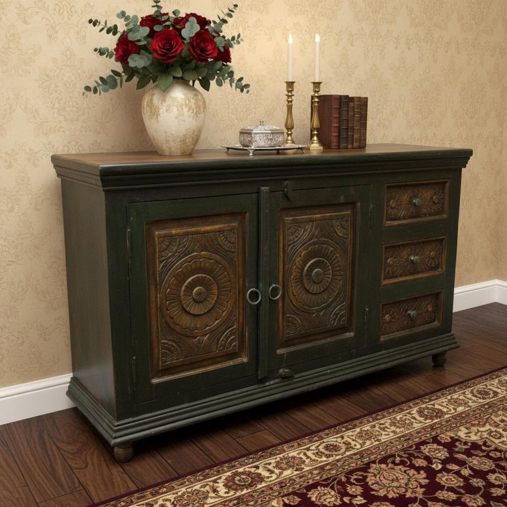 60" Dark Brown and Green Solid Wood Three Drawer Buffet Table with Two Doors HomeRoots