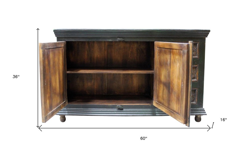 60" Dark Brown and Green Solid Wood Three Drawer Buffet Table with Two Doors HomeRoots