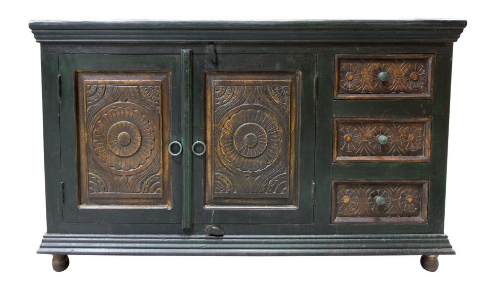 60" Dark Brown and Green Solid Wood Three Drawer Buffet Table with Two Doors HomeRoots