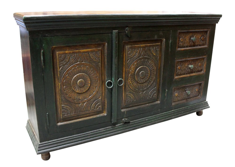 60" Dark Brown and Green Solid Wood Three Drawer Buffet Table with Two Doors HomeRoots